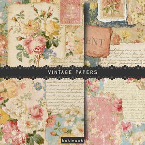 May include: A collection of decorative papers featuring floral patterns with pink, yellow, and blue roses, handwritten script, and postage stamp motifs. The collage includes torn edges, aged textures, and the text VINTAGE PAPERS and butinook.