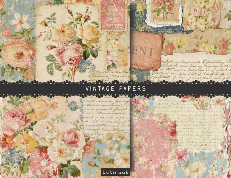 May include: A collection of decorative papers featuring floral patterns with pink, yellow, and blue roses, handwritten script, and postage stamp motifs. The collage includes torn edges, aged textures, and the text VINTAGE PAPERS and butinook.