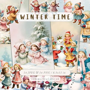 Vintage winter kinderen speeltijd afdrukbare dagboekpagina's Digikit kerst ephemera scrapbooking Goodnotes stickers digitale download