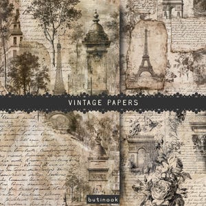 Könnte beinhalten: Eine Sammlung digitaler Papiere mit sepiafarbenen Vintage-Bildern von Pariser Wahrzeichen, darunter der Eiffelturm, architektonische Säulen, handschriftliche Kursivschrift und Blumenillustrationen, mit dem Text VINTAGE PAPERS und butinook.