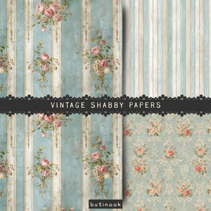 Może przedstawiać: Cztery arkusze papierów w stylu vintage shabby z kwiatowymi i paskowymi wzorami. Papiery mają jasnoniebieską i kremową kolorystykę z bukietami różowych róż. Tekst "VINTAGE SHABBY PAPERS" jest wyświetlany.
