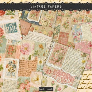 May include: A collection of vintage papers featuring layered collages of floral illustrations, cursive handwriting, and postal stamps in muted tones of pink, blue, green, and cream. The text VINTAGE PAPERS appears at the top, and butinook at the bottom.