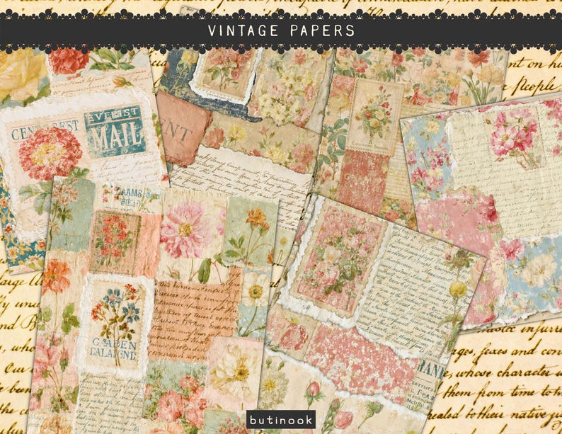 May include: A collection of vintage papers featuring layered collages of floral illustrations, cursive handwriting, and postal stamps in muted tones of pink, blue, green, and cream. The text VINTAGE PAPERS appears at the top, and butinook at the bottom.