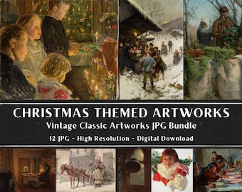 12 Christmas Themed Artworks, Printable Vintage Christmas Classics, Digital Paper, Scrapbook, Digital Collage, Instant Download