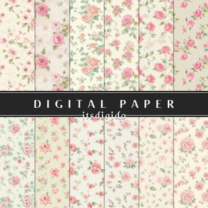 Op de afbeelding: Set van 8 digitale papieren met een vintage bloemenpatroon met roze rozen en groene bladeren op een crèmekleurige achtergrond. De papieren zijn naadloos en kunnen worden gebruikt voor scrapbooking, kaartmaken, uitnodigingen en andere knutselprojecten.
