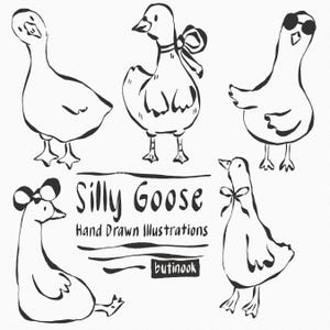 5 clipart de ganso bobo desenhado à mão PNG, laço, fita, caprichoso, mínimo, feminino, gansos, uso comercial aceitável, download digital, adesivos Procreate
