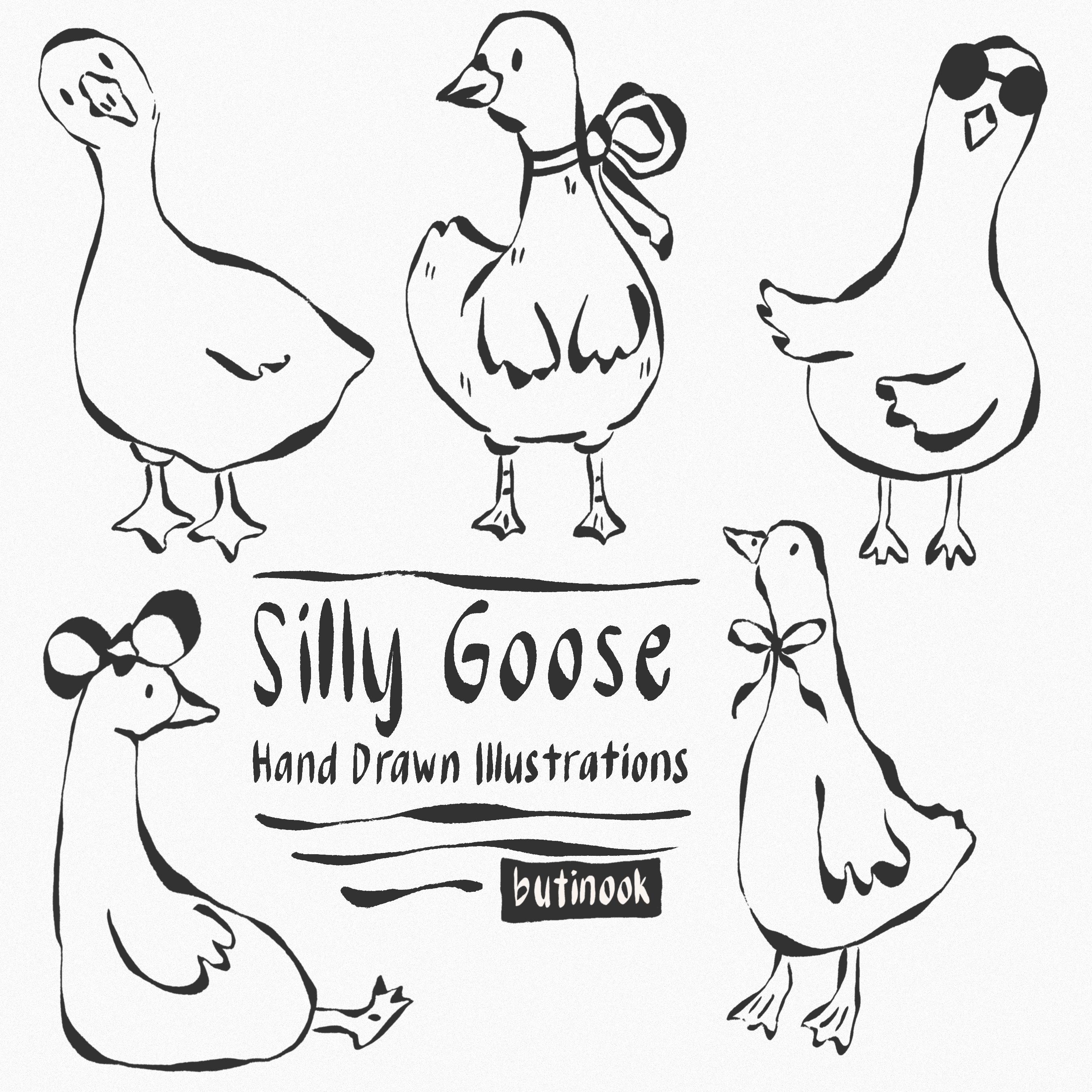 5 Hand Drawn Silly Goose Clipart PNG, Bow, Ribbon, Whimsical, Minimal, Girly, Geese, Commercial Use OK, Digital Download, Procreate Stickers