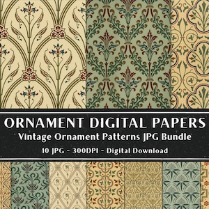 10 Vintage Ornament Patterns, Antique Ornament Digital Papers Bundle, Vintage Ornament Set, Instant Download
