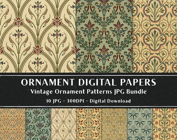10 Vintage Ornament Patterns, Antique Ornament Digital Papers Bundle, Vintage Ornament Set, Instant Download