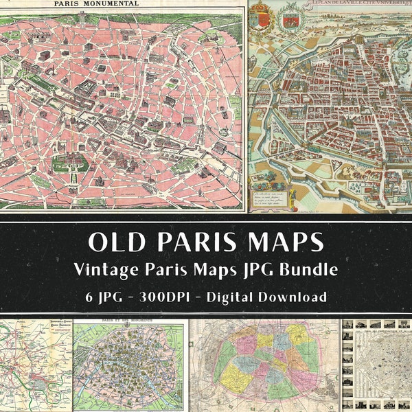 6 cartes Old Paris, cartes antiques Paris France, vintage Paris Geography Art Bundle, téléchargement instantané