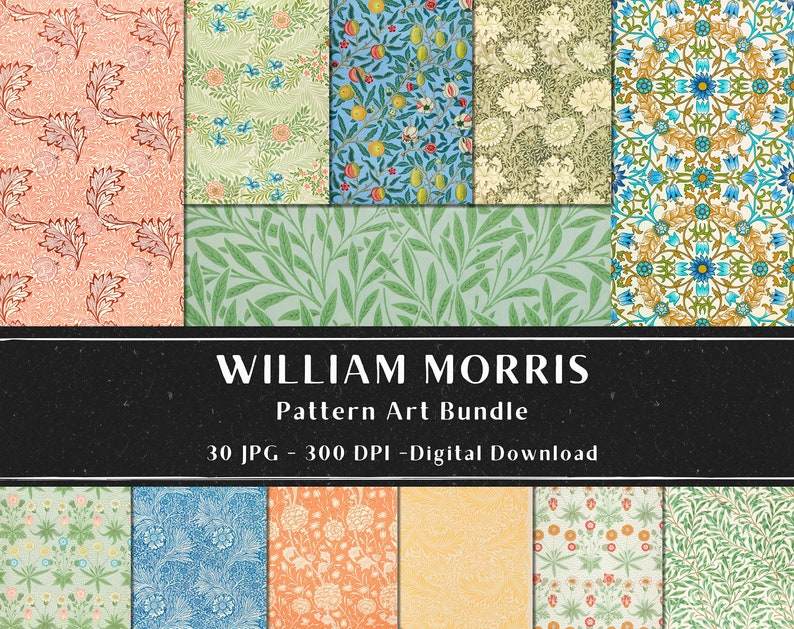 Puede incluir: Un paquete de descarga digital de 30 impresiones de arte de patrones de William Morris. Las impresiones presentan una variedad de dise&ntilde;os florales y geom&eacute;tricos en un estilo vintage. Los dise&ntilde;os est&aacute;n en tonos de verde, azul, rojo y amarillo.