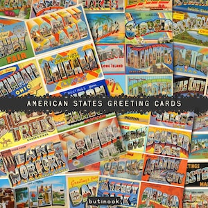 Peut inclure: Un collage de cartes de vœux américaines vintage. Les cartes présentent des illustrations et du texte colorés, notamment "Greetings From" et des noms d'États comme l'Illinois, l'Arizona et l'Ohio. Le texte "AMERICAN STATES GREETING CARDS" est visible.