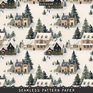 Könnte beinhalten: Nahtloses Musterpapier mit einer Aquarellillustration einer verschneiten Dorflandschaft. Das Design zeigt Häuser mit schneebedeckten Dächern, immergrüne Bäume und kleine Figuren von Menschen. Der Text "SEAMLESS PATTERN PAPER" befindet sich unten.
