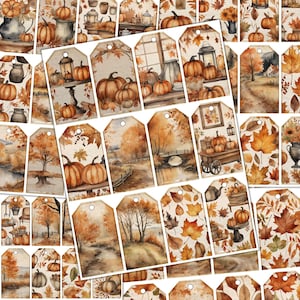 May include: Set of 24 printable fall-themed gift tags featuring watercolor illustrations of pumpkins, leaves, and landscapes. The tags are perfect for adding a touch of autumn charm to your gifts.