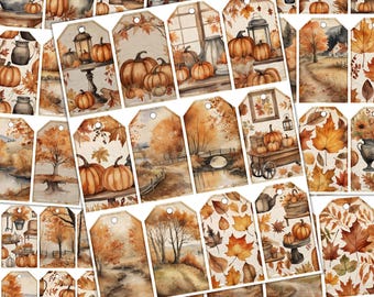 60 Vintage Tags Pumpkin Autumn Kit Printable Digikit Antique Labels Collage Ephemera Scrapbooking Junk Journal Paper Set Digital Download