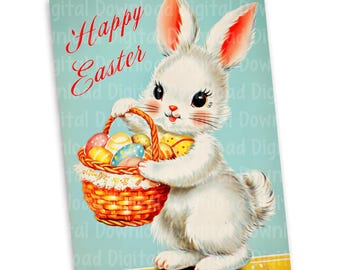 Utskrivbart vykort med vintage-påskhare – Retro kanin med äggkorg, söta småteckningar för skräpjournaler och klippböcker