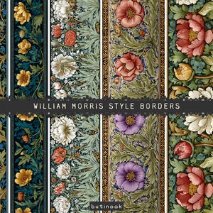 Op de afbeelding: Een verzameling William Morris-stijl borders met bloemmotieven. De borders tonen bloemen in roze, geel, wit en paars, tegen een donkerblauwe en groene achtergrond. De tekst "WILLIAM MORRIS STYLE BORDERS" is zichtbaar.
