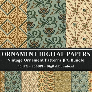 May include: A digital paper pack with 10 vintage ornament patterns. The patterns are in shades of brown, green, and cream. The patterns are seamless and can be used for scrapbooking, card making, and other crafts.  ORNAMENT DIGITAL PAPERS Vintage Ornament Patterns JPG Bundle 10 JPG - 300DPI - Digital Download
