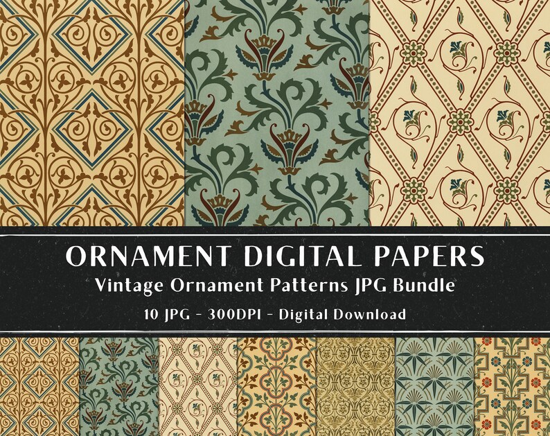 May include: A digital paper pack with 10 vintage ornament patterns. The patterns are in shades of brown, green, and cream. The patterns are seamless and can be used for scrapbooking, card making, and other crafts.  ORNAMENT DIGITAL PAPERS Vintage Ornament Patterns JPG Bundle 10 JPG - 300DPI - Digital Download