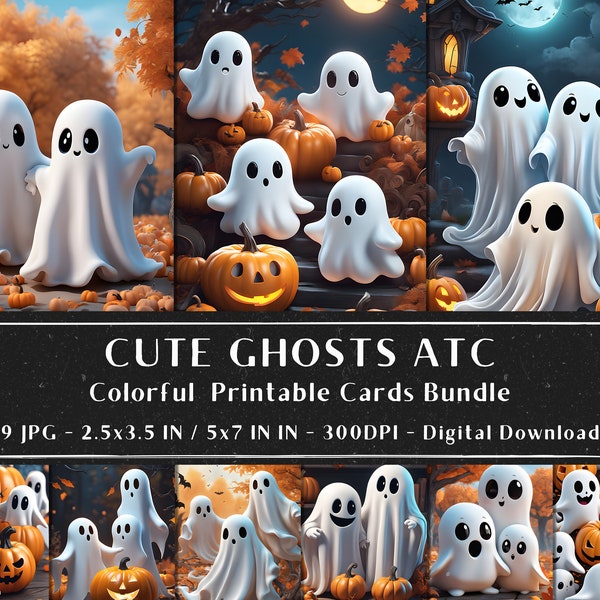 9 Cute Ghost ATC Cards, Printable Trading Card, Collage Sheet, Trick or treat, Halloween Digital Paper, Spooky Ephemera, Digital Download