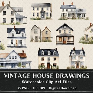 35 Disegni di case vintage ad acquerello in formato PNG, clipart ritagliate con precisione, adesivi digitali per app di note, utilizzo commerciale consentito, download digitale