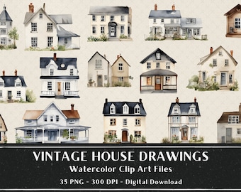 35 Vintage Watercolor House Drawings PNG, Fussy Cut Clipart, Digital Stickers for Note Apps, Commercial Use OK, Digital Download