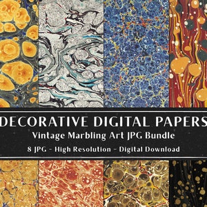 8 Vintage Decorative Marbling Art Bundle, Antique Marmolled Digital Paper Pack, Junk Journal Kit, Scrapbook, Book Endpapers, Instant Download