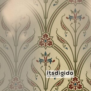 May include: A vintage wallpaper pattern with a repeating design of stylized flowers and leaves in shades of red, green, blue, and brown on a cream background.