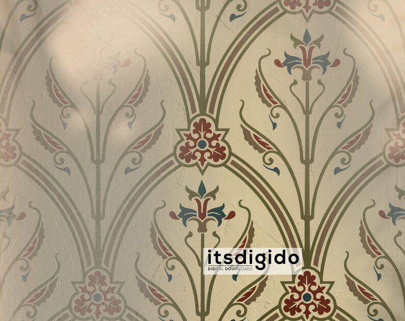 May include: A vintage wallpaper pattern with a repeating design of stylized flowers and leaves in shades of red, green, blue, and brown on a cream background.