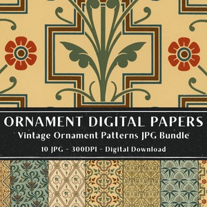 May include: A digital paper pack with 10 vintage ornament patterns. The patterns are in a variety of colors, including green, brown, red, and yellow. The patterns are all intricate and detailed, and they would be perfect for use in scrapbooking, card making, or other craft projects.  "ORNAMENT DIGITAL PAPERS" and "Vintage Ornament Patterns JPG Bundle" are written in black text on a dark gray background.  "10 JPG - 300DPI - Digital Download" is written in white text on a dark gray background.