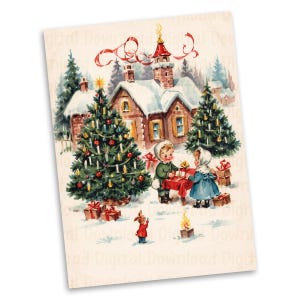 Könnte beinhalten: Vintage Weihnachtskarten-Illustration mit einem schneebedeckten Häuschen, geschmückten Weihnachtsbäumen und Kindern, die Geschenke austauschen. Die Szene umfasst eine kleine Figur mit einem Kaninchen und einem Lagerfeuer, die eine festliche Atmosphäre erzeugt.