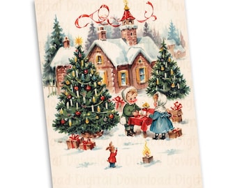 Immagine natalizia vintage con bambini, cartolina/poster natalizio vintage 5 x 7 pollici, stampe vintage, materiale effimero vintage, download digitale