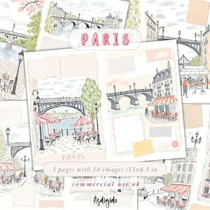 May include: A digital paper pack with 10 images of Parisian scenes, including bridges, cafes, and street views. The images are in a hand-drawn style with a light pink and blue color palette. The text "PARIS" is featured in a large, bold font. The pack is for commercial use and includes 5 pages, each measuring 11 inches by 8.5 inches.