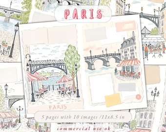 Puede incluir: Un paquete de papel digital con 10 imágenes de escenas parisinas, que incluyen puentes, cafés y vistas de la calle. Las imágenes están dibujadas a mano en una paleta de colores rosa claro y azul. El texto "PARIS" aparece en una fuente grande y en negrita. El paquete es para uso comercial e incluye 5 páginas, cada una mide 11 pulgadas por 8,5 pulgadas.
