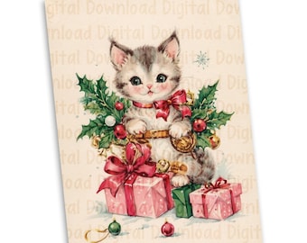 Vintage Kitty mit Geschenken Bild, 5 x 7 Zoll Vintage Weihnachtspostkarte Plakat Foto, Vintage Printables, Vintage Ephemera, digitaler Download