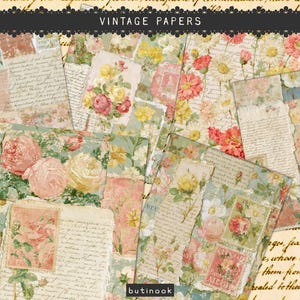 May include: A collection of decorative papers featuring collages of vintage floral illustrations, handwritten cursive script, and postage stamp motifs in soft shades of pink, yellow, green, and cream. The designs incorporate layered textures.