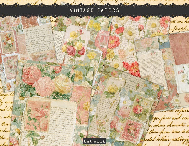 May include: A collection of decorative papers featuring collages of vintage floral illustrations, handwritten cursive script, and postage stamp motifs in soft shades of pink, yellow, green, and cream. The designs incorporate layered textures.