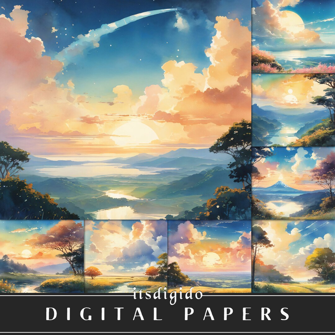 12 Landscape Sky View Digital Papers, Fairy Spring Landscape, Floral ...