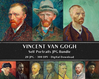 Paquete de 20 autorretratos de Vincent Van Gogh, 20 imágenes vintage, papel digital, descarga instantánea
