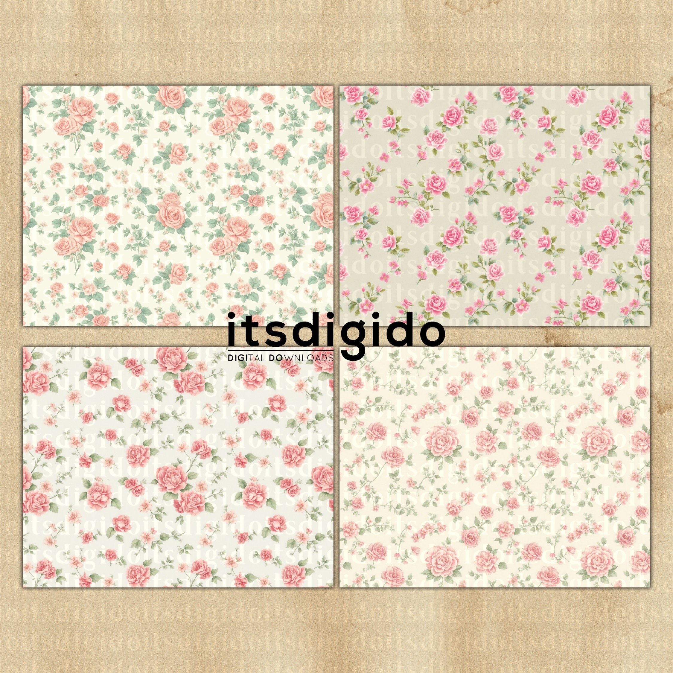 12 Vintage Shabby Chic Digital Paper Pack, Junk Journal Papers, Roses ...