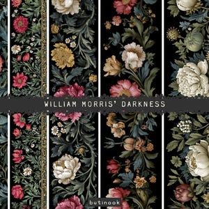 Op de afbeelding: Bloempatronen op een donkere achtergrond, met rode, roze, gele en witte bloemen en groen blad. De tekst "WILLIAM MORRIS' DARKNESS" is aanwezig. De ontwerpen doen denken aan klassieke botanische illustraties.