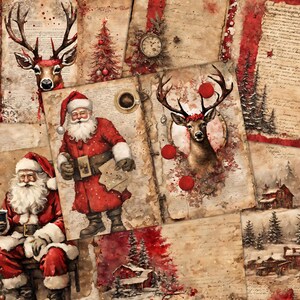 10 Vintage Rot Weihnachten Papier Kit Printable Digikit Santa Rentier Collage Ephemera Scrapbooking Junk Journal Papier Set Digitaler Download