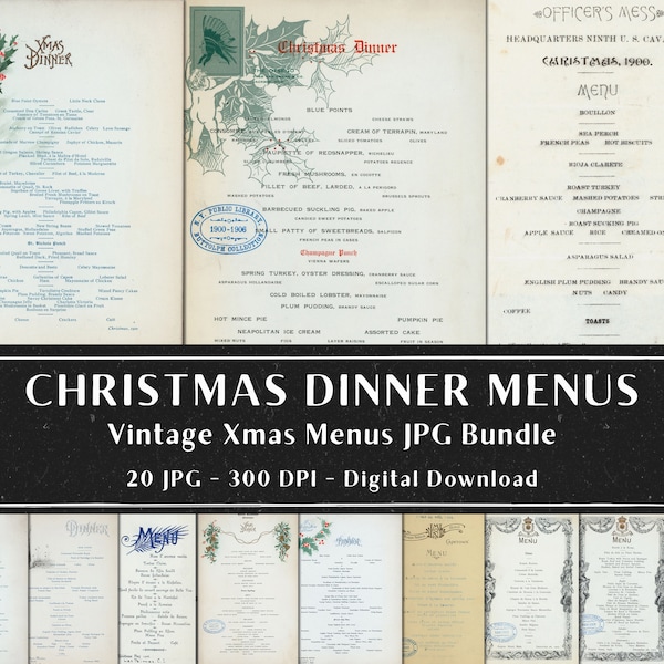 20 Vintage Christmas Restaurant Menu JPG Pack, Xmas Printable Antique Menus Ephemera, Instant Download