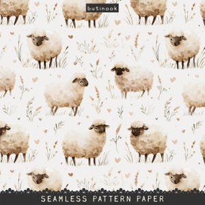 Könnte beinhalten: Nahtloses Musterpapier mit Aquarellillustrationen von flauschigen Schafen, Herzen und Blättern in sanften Beige- und Brauntönen. Der Text "SEAMLESS PATTERN PAPER" befindet sich unten. Das butinook-Logo befindet sich oben rechts.