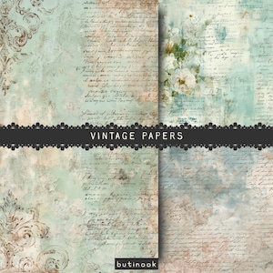May include: Vintage papers with a distressed, aged aesthetic. The papers feature a faded teal and brown color palette with ornate scrollwork and handwritten script. The text "VINTAGE PAPERS" is displayed across the center in a black banner.