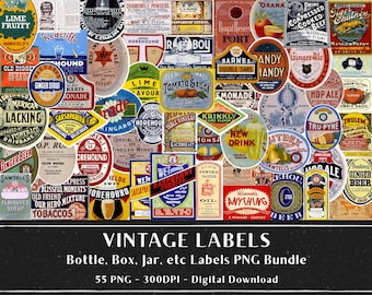 55 Vintage Labels, Box Bottle Jar Labels, Junk Journals, Scrapbooking, Bonus: 1 PDF File (with 4 pages), Label Bundle, Digital Download