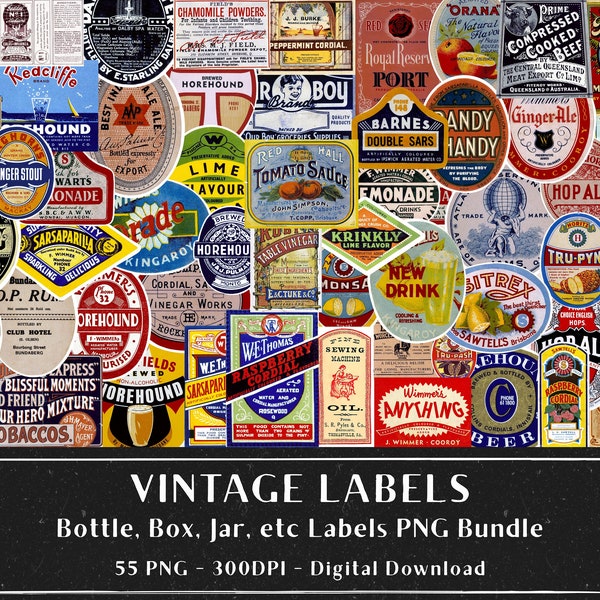 55 Vintage Labels, Box Bottle Jar Labels, Junk Journals, Scrapbooking, Bonus: 1 PDF File (with 4 pages), Label Bundle, Digital Download