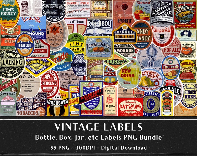 55 Vintage Labels, Box Bottle Jar Labels, Junk Journals, Scrapbooking