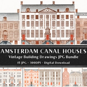 15 Dibujo de las Casas del Canal de Ámsterdam, Arquitectura Vintage, Ilustración Digital De Edificios, Artículo de Diario Basura, Scrapbooking, Descarga Instantánea