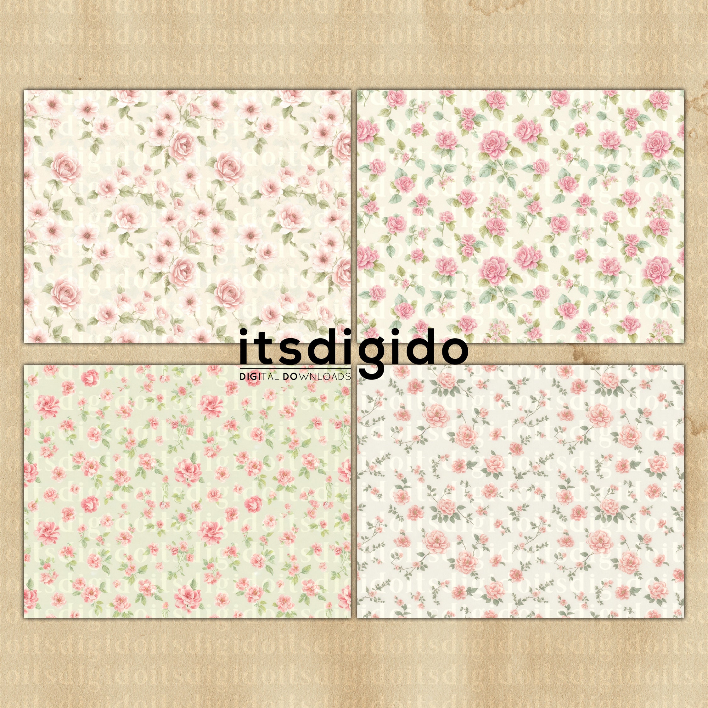 12 Vintage Shabby Chic Digital Paper Pack, Junk Journal Papers, Roses ...